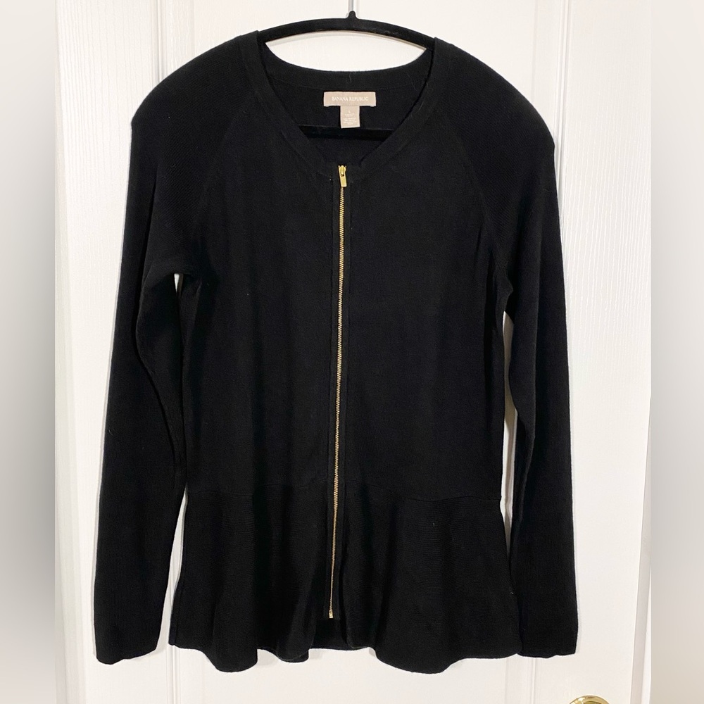 Banana Republic Peplum Merino Wool Blend Gold Zipper Cardigan Black Size Large